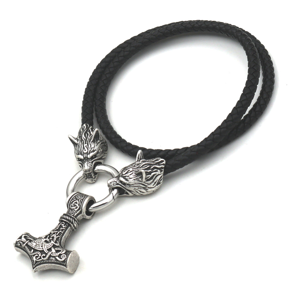 Viking Pirate Wolf Head Necklace with Thor Hammer Pendant - Men's Nordic Myth Jewelry