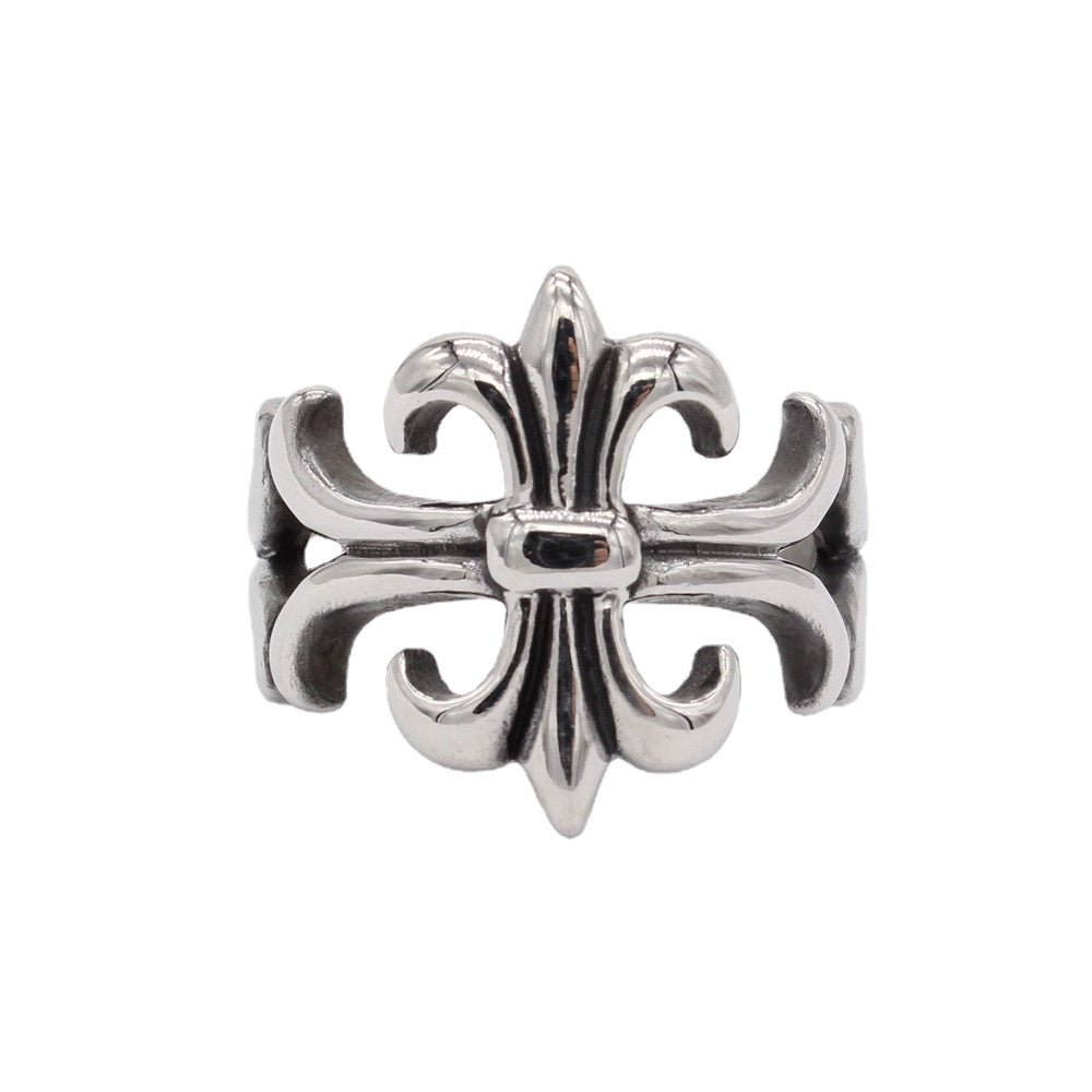 Hollow Polished Cross Flower Titanium Steel Ring for Men