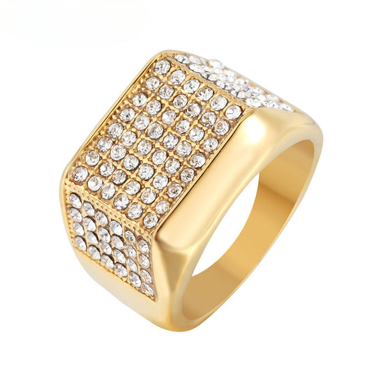 Wholesale European and American Hip-hop Men's Titanium Ring with Full Zircon Gold Embellishments