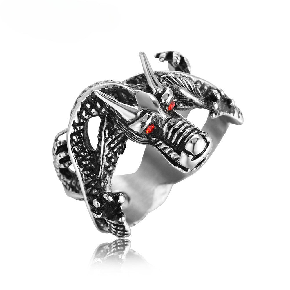 Red Eye Zircon Coiled Dragon Titanium Steel Ring for Men