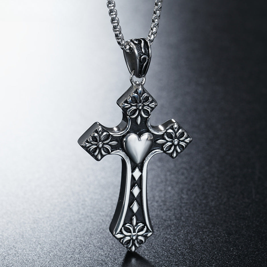 Peach Heart Flower Cross Titanium Steel Necklace for Men