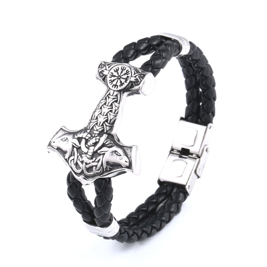 Viking-Inspired Stainless Steel and Leather Men's Bracelet – Trendy Wholesale Accessory for Modern Style