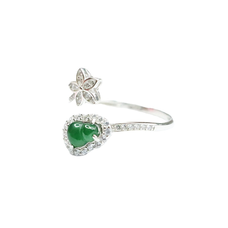 Sterling Silver Adjustable Ice Green Jadeite Gourd Ring with Zircon Flower