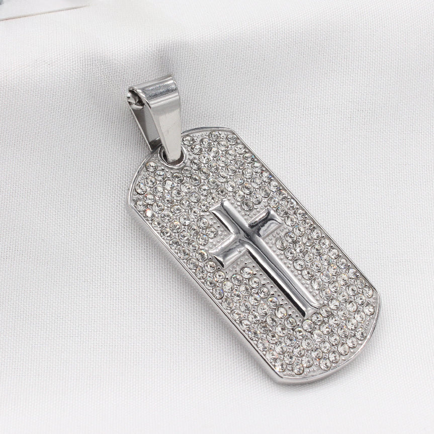 Latin Cross Zircon Military Tag Titanium Steel Pendant for Men