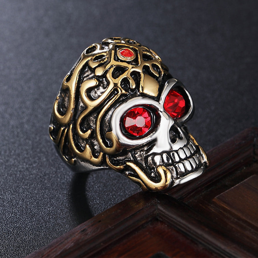 Halloween Golden Wukong Skull Zircon Titanium Steel Ring for Men