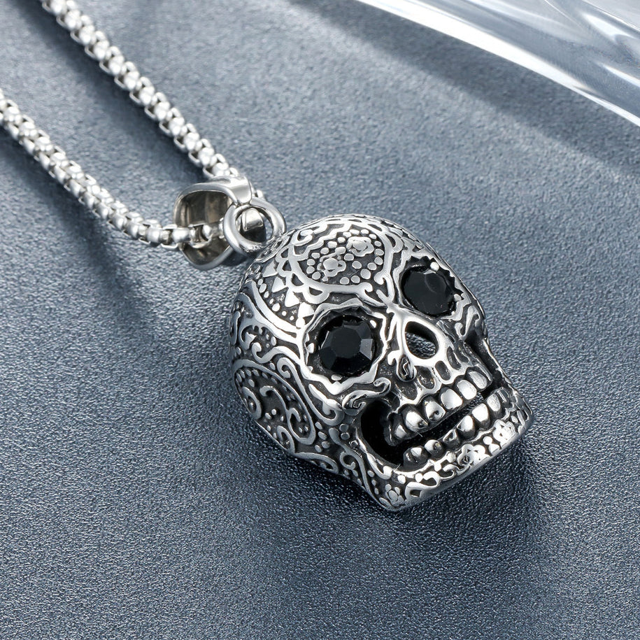 Halloween Carved Skull Zircon Eyes Titanium Steel Necklace for Men