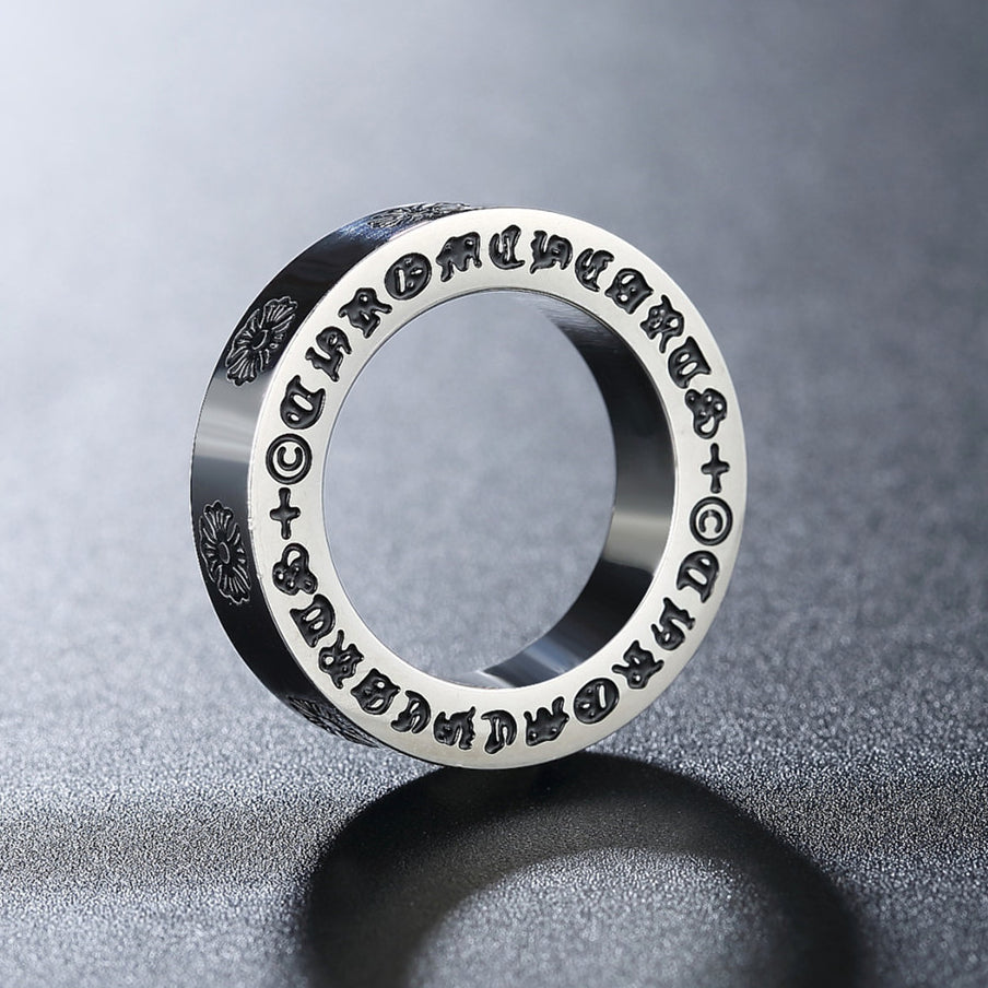 Cross Flower Gothic Text Titanium Steel Ring for Men