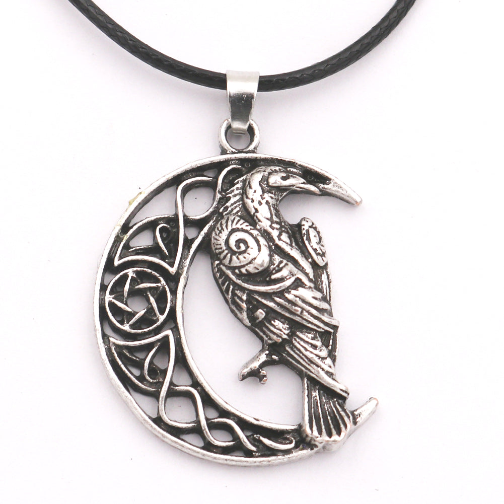 Viking Crow Necklace with Moon Alloy Pendants for Men