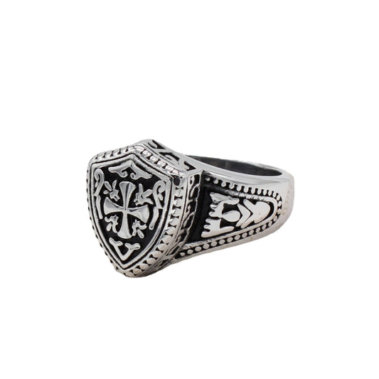 Vintage Cross Knight Shield Men's Titanium Steel Ring