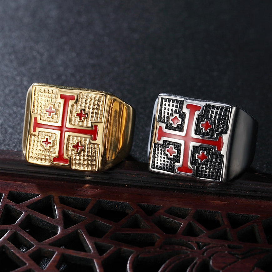 Red Jerusalem Cross Square Titanium Steel Ring for Men