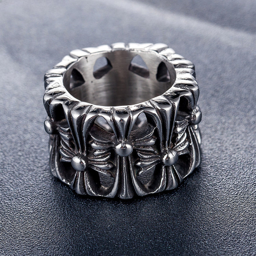 Hollow Forward Reverse Cross Flower Titanium Steel Ring for Men