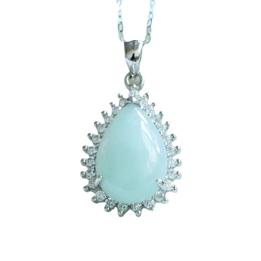 Sterling Silver Jade Water Drop Pendant Necklace with Zircon Halo