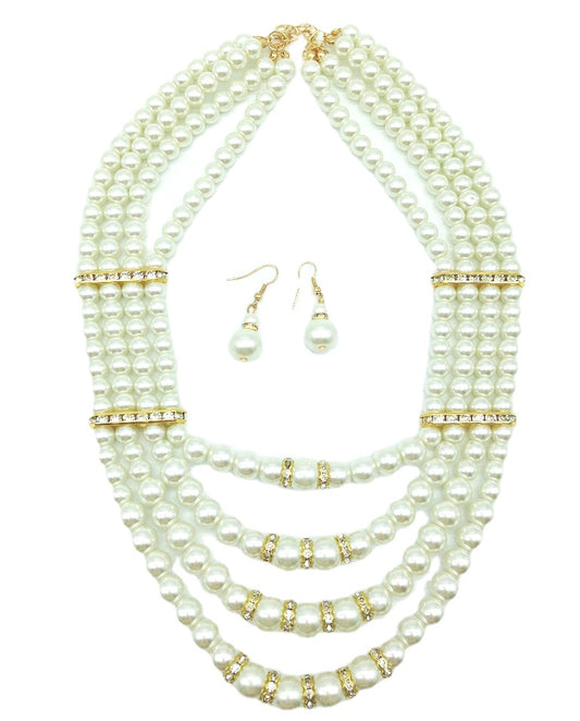 Extravagant Pearl and Crystal Layered Necklace and Earring Set