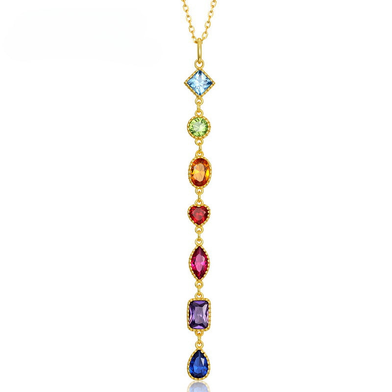 Geometric Rainbow Zircon Tassel Silver Necklace