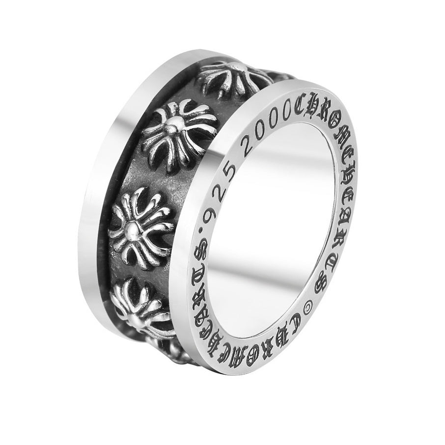 Row of Oblique Cross Flower 2000 Wide Titanium Steel Ring for Men