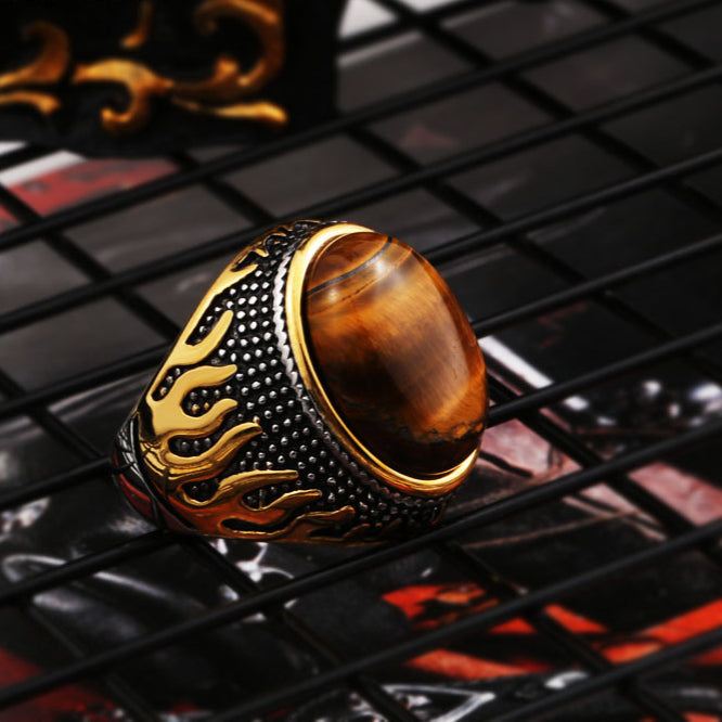 Titanium Steel Tiger's Eye Men's Ring - Bold European-American Flame Design, Retro Fashion Statement