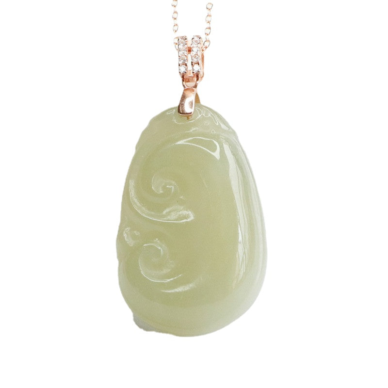 Ruyi Jade Zircon Rose Gold Necklace with Hotan Jade Gemstone