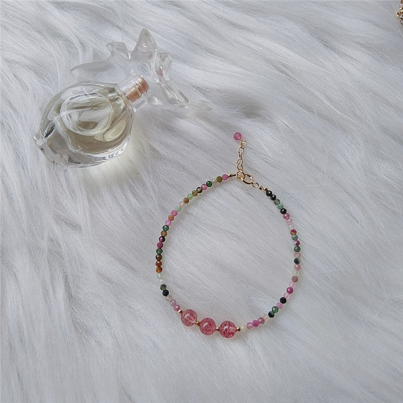 Crystal Bracelet with Strawberry, Peach Blossom, and Tourmaline Crystals