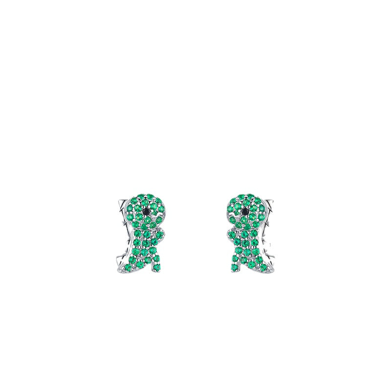 Cute Dinosaur Earrings with Sparkling Green Zircon in Sterling Silver