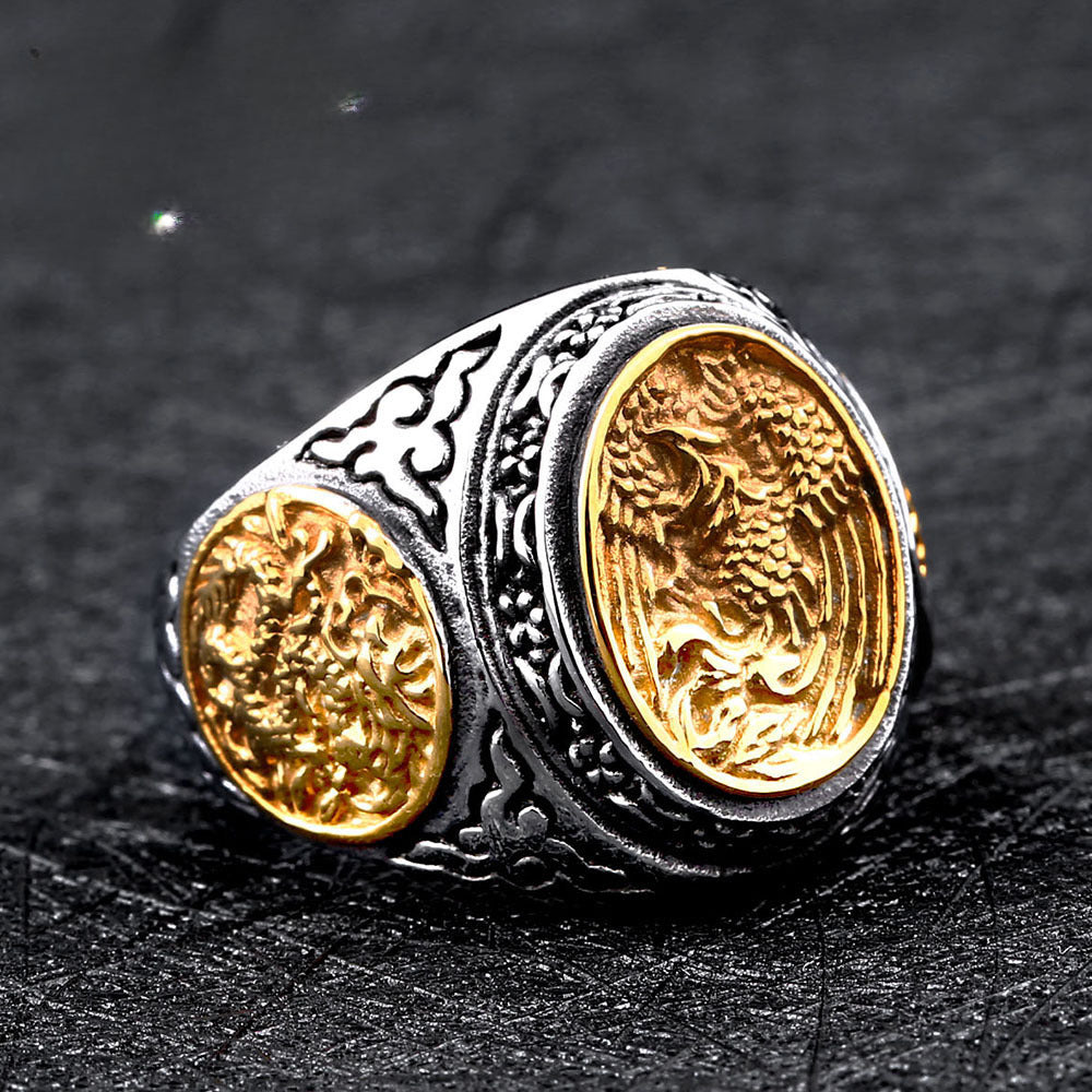 Engraved Titanium Steel Dragon and Phoenix Chengxiang Ring for Men - Personalized Ethnic Jewelry Wholesale, Sizes 7-13