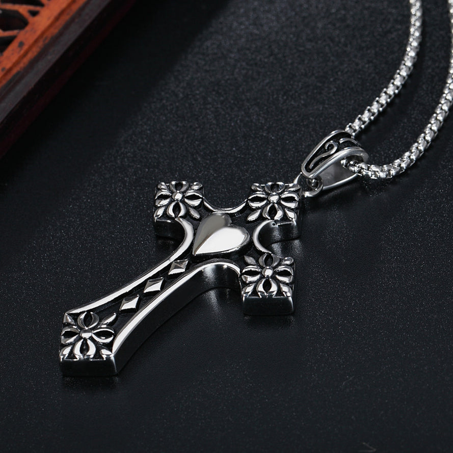 Peach Heart Flower Cross Titanium Steel Necklace for Men