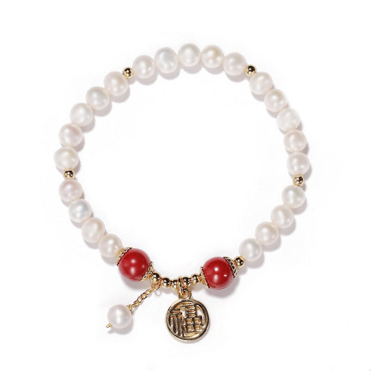 Fortune's Favor Freshwater Pearl and Cinnabar Bracelet - Sterling Silver Jewelry