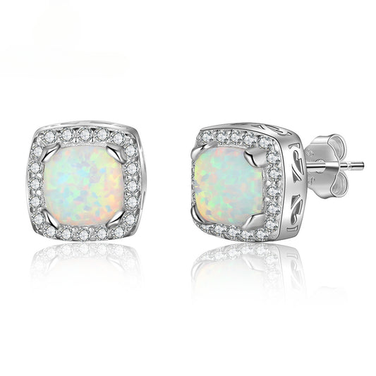 Round Opal Square Zircon Soleste Halo Sterling Silver Stud Earrings