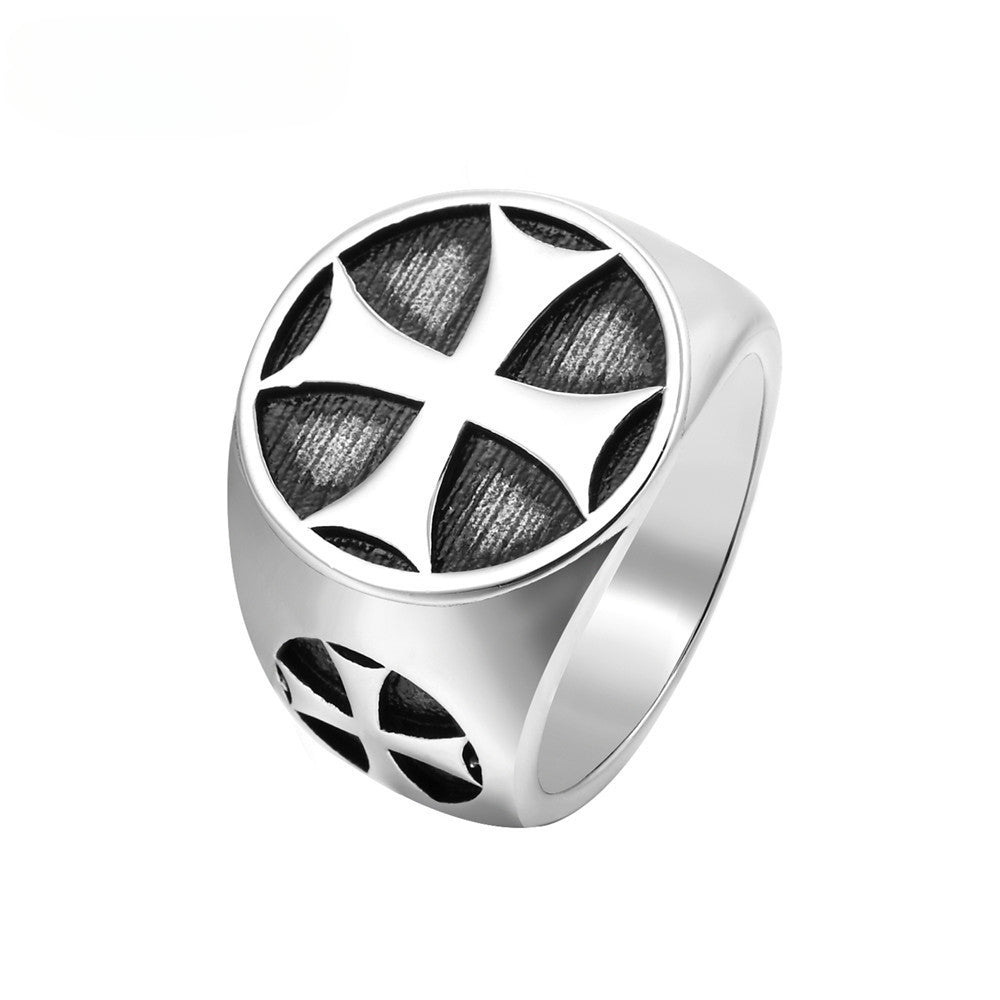 Round Teutonic Cross Medal Titanium Steel Ring for Men