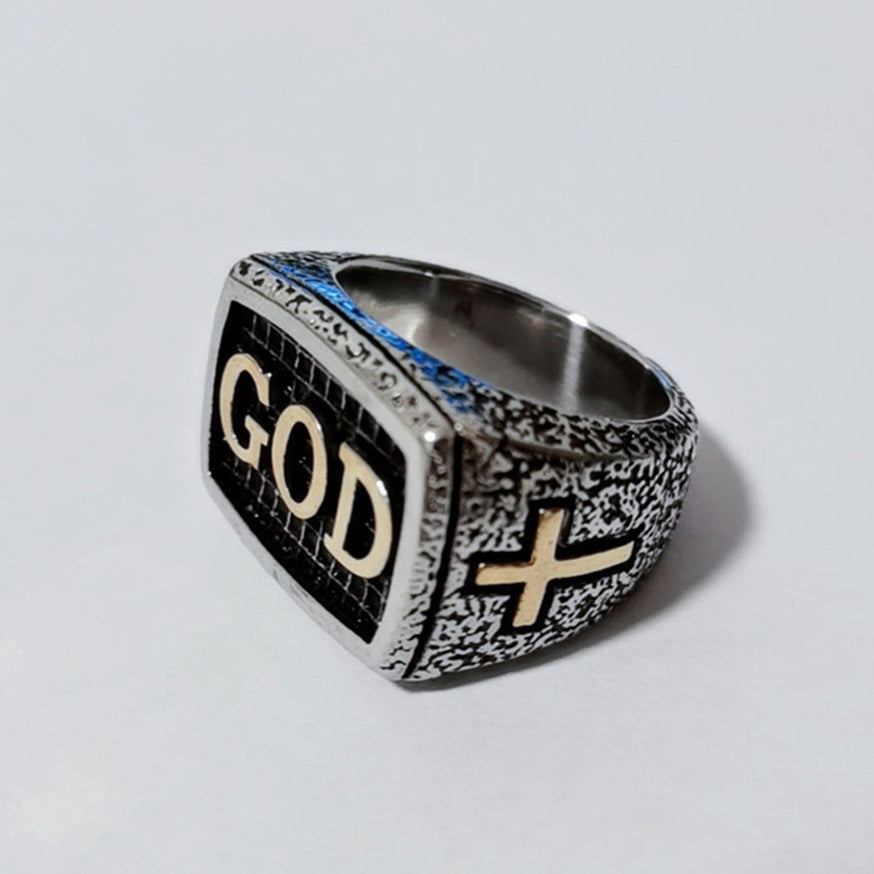 Latin Cross GOD Rectangle Titanium Steel Ring for Men