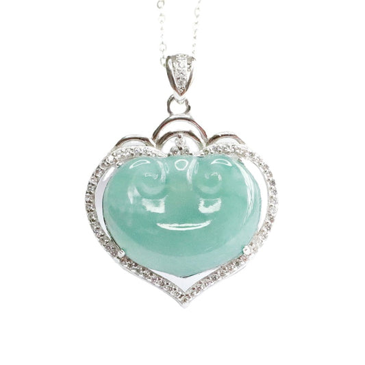 Ice Blue and Green Jade Sterling Silver Ruyi Hollow Love Zircon Necklace