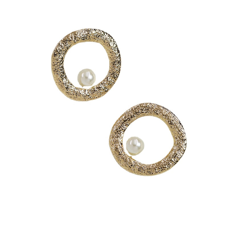 Geometric Circle Pearl Earrings with Metal Texture - Vienna Verve Collection