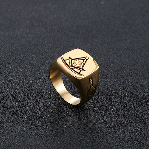 Stylish Retro Freemason Punk Ring in Gold Titanium Steel for Men