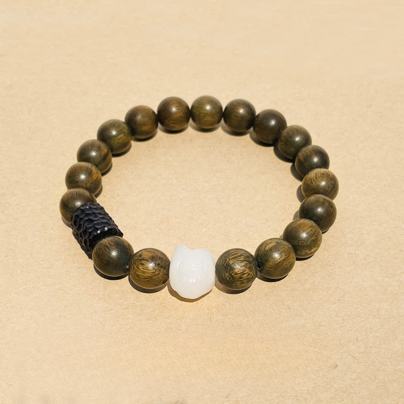 Elegant Retro Style Sterling Silver Bracelet with Natural Sandalwood and Jade