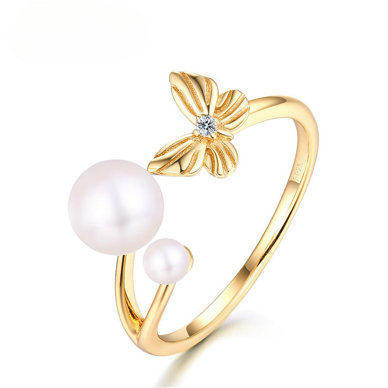 Round Freshwater Pearl Butterfly Zircon Opeinng Sterling Silver Ring