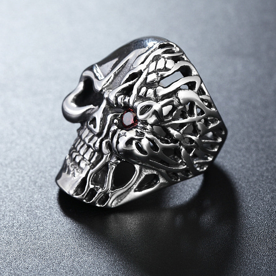 Halloween Red Zircon Skull Head Titanium Steel Ring for Men