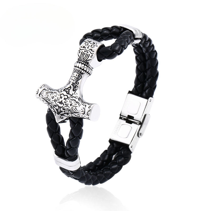 Titanium Steel & Leather Viking-Inspired Men's Bracelet - Retro Fashion Jewelry