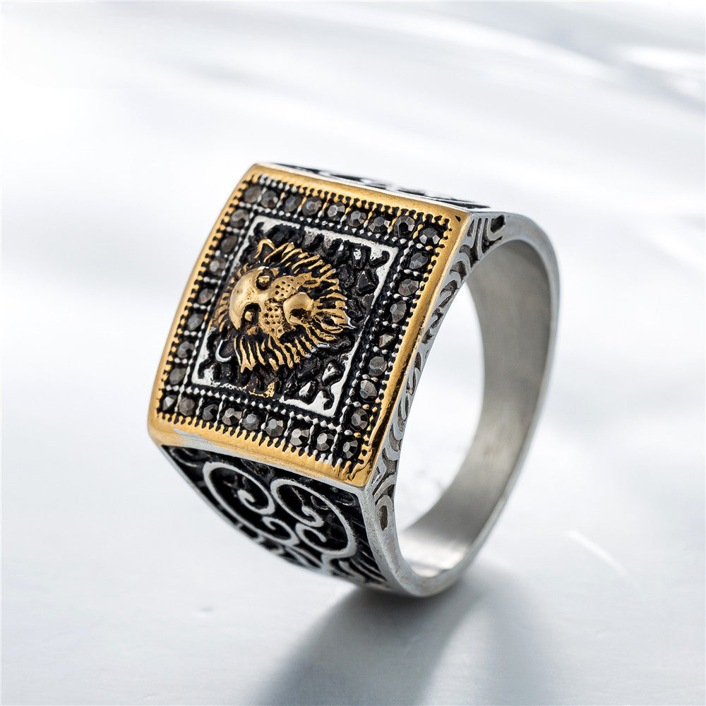 Lion Head Relief Square Surface Zircon Titanium Steel Ring for Men