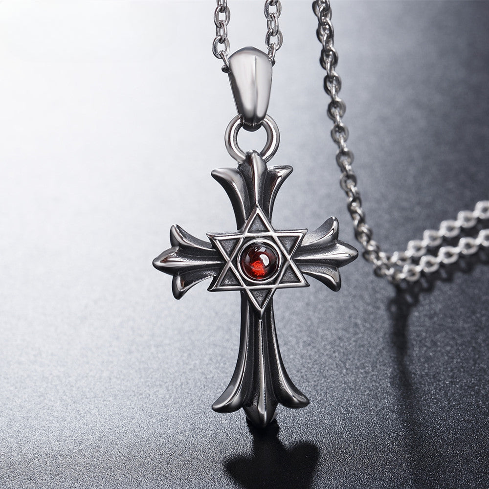 Six Pointed Star Cross Flower Crystal Titanium Necklace for Men