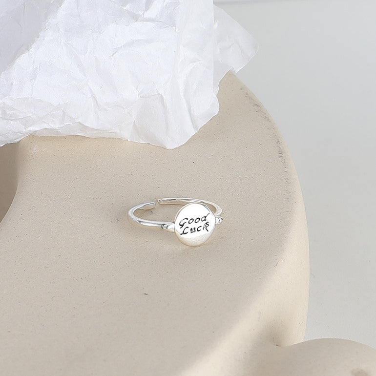 GOOD LUCK Letter Round Disc Opening Sterling Silver Ring