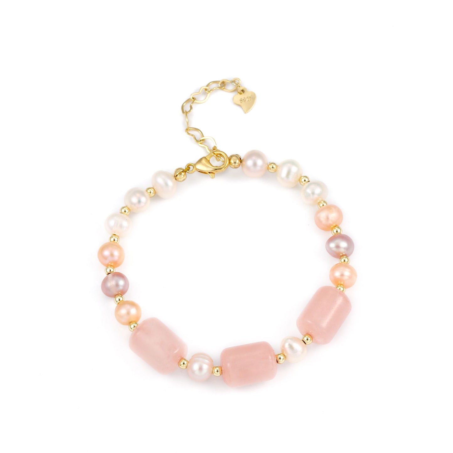 Peach Blossom Freshwater Pearl Bracelet with Gold Wrapped Crystal Barrel