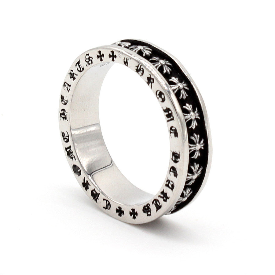 Row of Cross Flower Inscription Titanium Steel Ring for Men