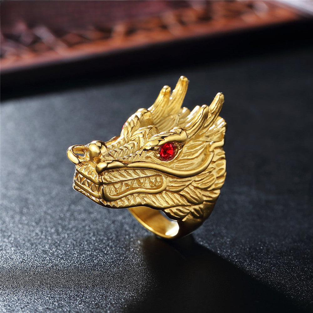 Red Eye Zircon Gold Dragon Head Titanium Steel Ring for Men