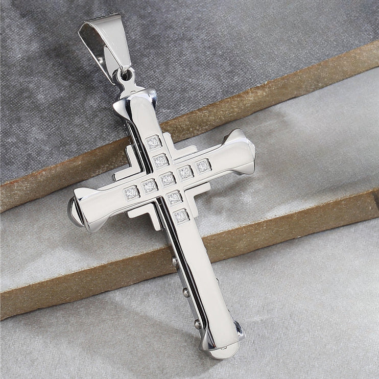 Double Layer Latin Cross Zircon Titanium Steel Pendant for Men