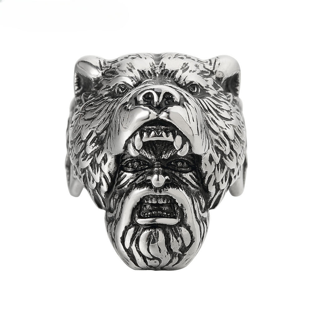 Vintage Punk Bear Head Wild Man Titanium Steel Ring for Men