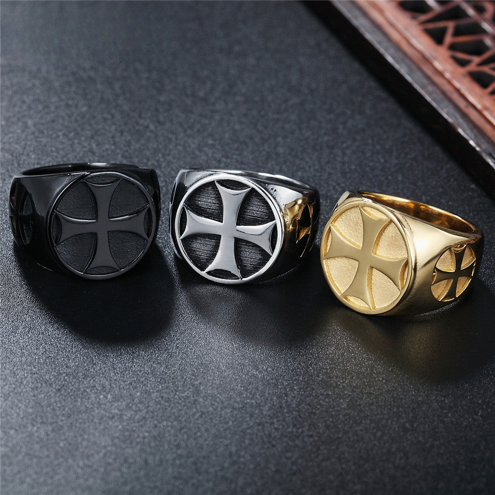 Round Teutonic Cross Medal Titanium Steel Ring for Men