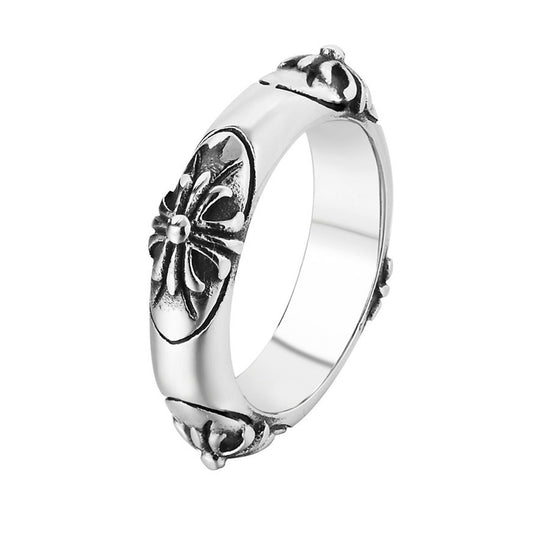 Four Carved Cross Flower Titanium Steel Ring for Men