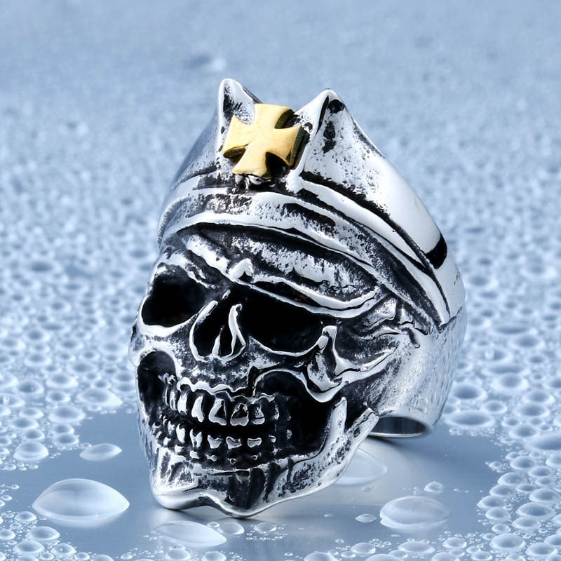 Retro Military-Inspired Titanium Steel Gold Cross Skull Ring for Men, Wholesale Punk Jewelry