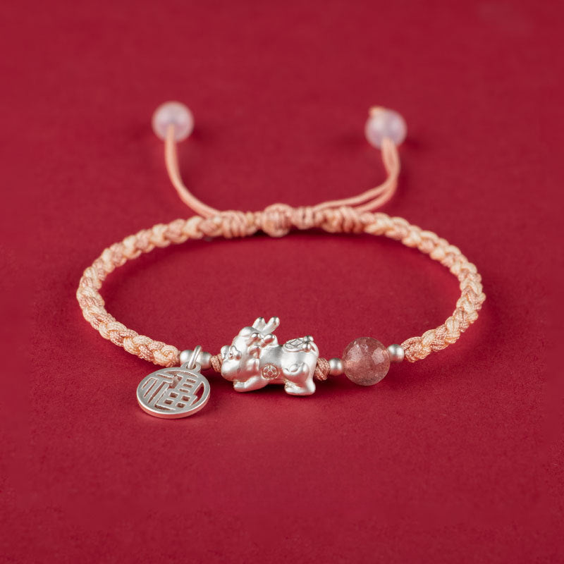 Hand-Woven Copper-Silver-Plated Red Rope Bracelets with Gold-Swallowing Beasts for Valentine's Day