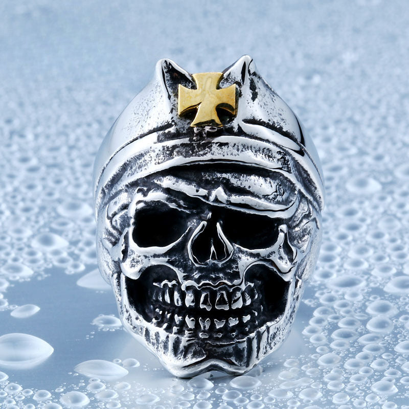 Retro Military-Inspired Titanium Steel Gold Cross Skull Ring for Men, Wholesale Punk Jewelry