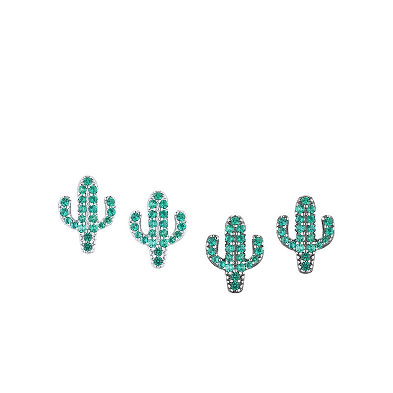 Cute Cactus Sterling Silver Earrings with Sparkling Zircon Gemstones